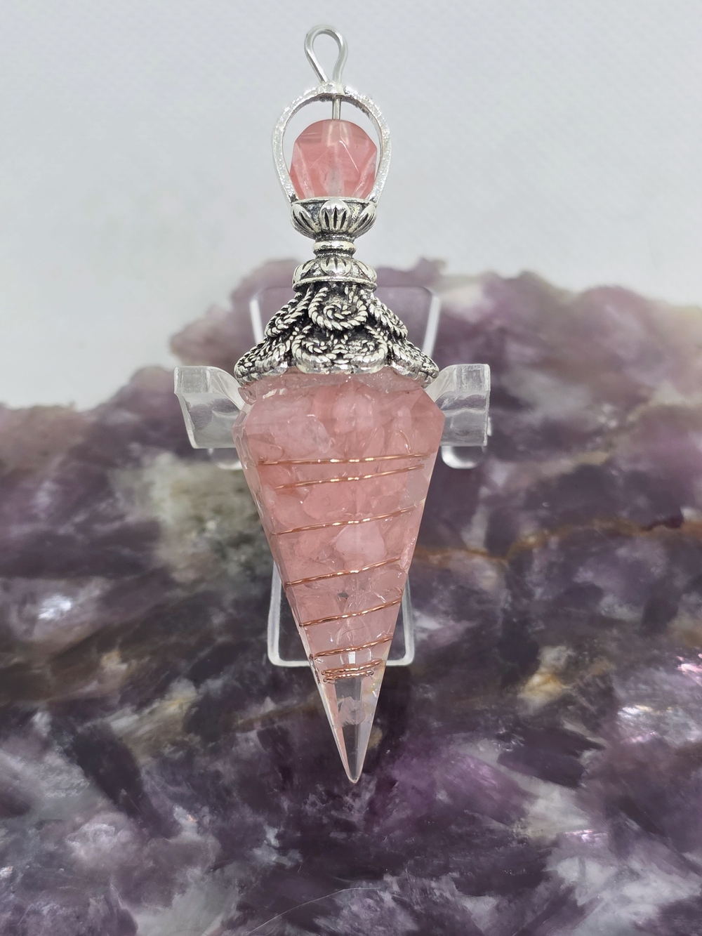 Rose Quartz Resin Pendulum Necklace with Chain | Crystal Pendulum | Reiki Tool |